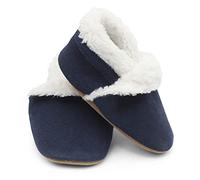 Dotty Fish Baby & Kids Suede Barefoot Slippers - Boys & Girls, 6 Styles, Non-Slip Soft Soles, Warm Fleece-Lined House Shoes, Elasticated Ankles, Podiatry Approved - Navy Blue 0-6 Months