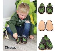 Dotty Fish Soft Leather Baby Shoes for Boys. Toddler Shoes. Non Slip. Green and Brown Shoe with Dinosaur Design, 12-18 Months, Green Dinosaur