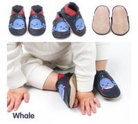 Dotty Fish Soft Leather Baby and Toddler Barefoot Shoes for Boys and Girls. Non-Slip Suede Soles. Navy Blue with Splashy The Whale. 0-6 Months (1 UK Child)