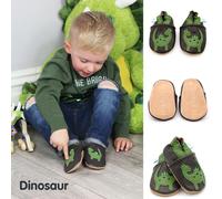 Dotty Fish Soft Leather Baby Shoes for Boys. Toddler Shoes. Non Slip. Green and Brown Shoe with Dinosaur. 4-5 Years (10 UK Child)