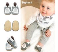 Dotty Fish Soft Leather Baby Shoes. Toddler Shoes. Boys Girls. Non Slip. Grey Shoe with White Elephant. 0-6 Months (1 UK Child)