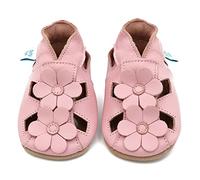 Dotty Fish Soft Leather Baby Shoes with Suede Soles. Girls Pink Sandals with Flowers. 12-18 Months (5 UK Child)