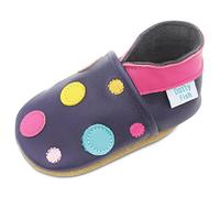 Dotty Fish Soft Leather Baby and Toddler Barefoot Shoes. Non-Slip. Navy Shoe with Multi-Coloured Spotty Dotty Design. Girls. 4-5 Years (10 UK Child)