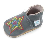 Dotty Fish Soft Leather Baby and Toddler Barefoot Shoes for Boys and Girls. Non-Slip Suede Soles. Dark Grey Rainbow Star. 0-6 Months (1 UK Child)