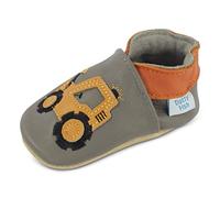 Dotty Fish Soft Leather Baby and Toddler Barefoot Shoes. Non-Slip Suede Soles. Grey Shoe with Yellow Digger for Boys. 2-3 Years (8 UK Child)