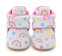Dotty Fish Cotton Baby Booties with Suede Sole - Warm Fleece Lining - Non-Slip, Stay On Slippers. Blue with Rainbows and Hearts. 12-18 months