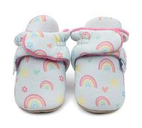 Dotty Fish Cotton Baby Booties with Suede Sole - Warm Fleece Lining - Non-Slip, Stay On Slippers. Blue with Rainbows and Hearts. 12-18 months