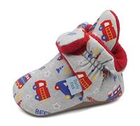 Dotty Fish Cotton Baby Booties with Suede Sole - Warm Fleece Lining - Non-Slip, Stay On Slippers. Grey with Trains and Cars. 12-18 months