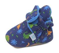 Dotty Fish Cotton Baby Booties with Suede Sole - Warm Fleece Lining - Non-Slip, Stay On Slippers. Navy Blue with Dinosaurs. 12-18 months