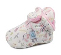Dotty Fish Cotton Baby Booties with Suede Sole - Warm Fleece Lining - Non-Slip, Stay On Slippers. Soft Pink with Bees and Butterflies. 6-12 months