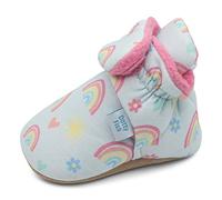 Dotty Fish Cotton Baby Booties with Suede Sole - Warm Fleece Lining - Non-Slip, Stay On Slippers. Blue with Rainbows and Hearts. 0-6 months