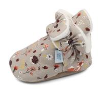 Dotty Fish Cotton Baby Booties with Suede Sole - Warm Fleece Lining - Non-Slip, Stay On Slippers. Brown with Woodland Animals. 12-18 months