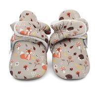 Dotty Fish Cotton Baby Booties with Suede Sole - Warm Fleece Lining - Non-Slip, Stay On Slippers. Brown with Woodland Animals. 0-6 months