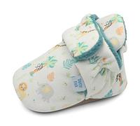 Dotty Fish Cotton Baby Booties with Suede Sole - Warm Fleece Lining - Non-Slip, Stay On Slippers. Teal fleece with Safari Animals. 6-12 months