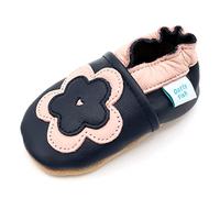 Dotty Fish Soft Leather Baby and Toddler Shoes. Non Slip. Navy Shoes with Pink Flower. Girls. 12-18 Months (5 UK Child)
