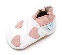 Dotty Fish Girls Soft Leather Baby and Kids Barefoot Shoes. Non-Slip Suede Soles. Elasticated Ankles, Podiatry Approved, Breathable, Lightweight & Flexible - White & Pink Hearts 12-18 Months
