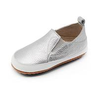 Dotty Fish Leather Barefoot Shoes. Flexible Non-Slip Rubber Sole Trainers. First Walkers. Silver Slip-On Toddler Shoes (3 UK Child)