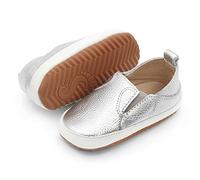 Dotty Fish Leather Infant Casual Shoes. Baby Boys Girls Slip-on Rubber Sole Trainers. First Walkers. Non-Slip Silver ‘Stomp’ Toddler Shoes (6 UK Child)