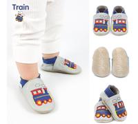 Dotty Fish Soft Leather Baby and Toddler Barefoot Shoes. Non-Slip Suede Soles. Grey and Blue Train Design for Boys. 6-12 Months (3 UK Child)
