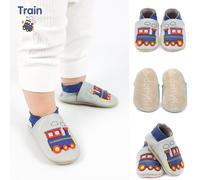 Dotty Fish Boys Soft Leather Baby & Kids Shoes - Barefoot, Non-Slip Suede Sole, Podiatrist Recommended, Lightweight, Flexible, Breathable, British Brand - Grey with Blue & Red Train - 12-18 Months