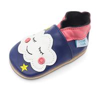 Dotty Fish Soft Leather Baby Shoes. Toddler Shoes. Girls. Non Slip Suede Soles. Ink Blue Shoe with Sleepy Cloud. 12-18 Months (5 UK Child)
