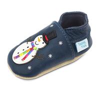 Dotty Fish Soft Leather Baby and Toddler Barefoot Shoes for Boys and Girls. Non-Slip Suede Soles. Dark Blue Shoe with Festive Snowman. 12-18 Months (5 UK Child)