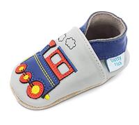Dotty Fish Soft Leather Baby and Toddler Barefoot Shoes. Non-Slip Suede Soles. Grey and Blue Train Design for Boys. 6-12 Months (3 UK Child)