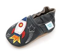 Dotty Fish Soft Leather Baby & Toddler Shoes - Barefoot, Non-Slip, Lightweight & Flexible, Elasticated Ankles - Unisex Boys & Girls, British Brand, Podiatry Approved - Space Rocket 6-12 Months