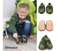 Dotty Fish Soft Leather Baby Shoes for Boys. Toddler Shoes. Non Slip. Green and Brown Shoe with Dinosaur Design, 12-18 Months, Green Dinosaur