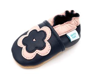 Dotty Fish Soft Sole Leather Baby & Toddler Shoes - Barefoot, Non-Slip, Lightweight & Flexible, Elasticated Ankles - Unisex Boys & Girls, UK Brand, Podiatry Approved - Navy & Pink Flower 6-12 Months
