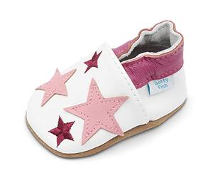 Dotty Fish Soft Sole Leather Baby & Toddler Shoes - Barefoot, Non-Slip, Lightweight & Flexible, Elasticated Ankles - Unisex Boys & Girls, Podiatry Approved - White & Pink Stars 18-24 Months