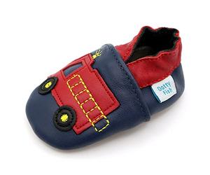 Dotty Fish Soft Sole Leather Baby & Toddler Shoes - Barefoot, Non-Slip, Lightweight & Flexible, Elasticated Ankles - Unisex Boys & Girls, UK Brand, Podiatry Approved - Fire Engine 4-5 Years