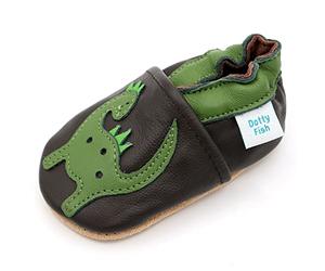 Dotty Fish Soft Sole Leather Baby & Toddler Shoes - Barefoot, Non-Slip, Lightweight & Flexible, Elasticated Ankles - Unisex Boys & Girls, Podiatry Approved - Dinosaur 0-6 Months