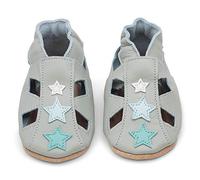 Dotty Fish Soft Leather Baby and Toddler Barefoot Shoes for Boys and Girls. Non-Slip Suede Soles. Grey Sandals with Stars. 6-12 Months (3 UK Child)