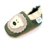 Dotty Fish Soft Leather Baby Shoes. Toddler Shoes. Boys and Girls. Non Slip. Olive Green Shoe with Cream Bear. 2-3 Years (8 UK Child)