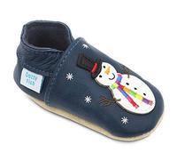 Dotty Fish Soft Leather Baby and Toddler Barefoot Shoes for Boys and Girls. Non-Slip Suede Soles. Dark Blue Shoe with Festive Snowman. 12-18 Months (5 UK Child)