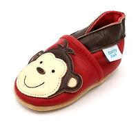 Dotty Fish Soft Leather Baby Shoes for Boys and Girls. Toddler Shoes. Non Slip. Red and Brown Shoe with Monkey. 6-12 Months (3 UK Child)