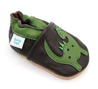 Dotty Fish Soft Leather Baby and Toddler Barefoot Shoes. Boys. Non-Slip Suede Soles. Green and Brown Shoe with Dinosaur. 0-6 Months (1 UK Child)