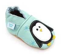 Dotty Fish Soft Leather Baby Shoes. Toddler Shoes. Non Slip Suede Soles. Penguin on Pale Blue Shoe for Boys and Girls. 12-18 Months (5 UK Child)