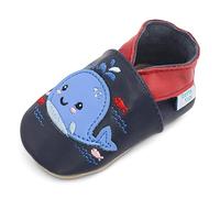 Dotty Fish Leather Baby Shoes. Toddler Shoes. Non-Slip Suede Soles. Boys and Girls. Navy Blue with Splashy The Whale. 12-18 Months (5 UK Child)