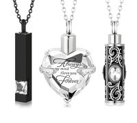 DOTUIARG 3 Pieces Cremation Urn Necklace for Ashes Keepsake Cremation Jewelry Vertical Bar/Heart/Cylinder Urn Necklace