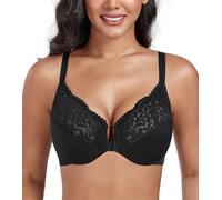 DotVol Plus Size Front Closure Flower Lace T-Back Underwire Everyday Bra for Women(Flower Black,34E)