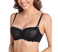 DotVol Women's Balconette Sheer Lace Half Cup Unpadded Underwire Slightly Push Up Bra(Black, 32DD)