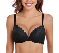 DotVol Women's Comfort Push Up Padded Deep V Plunge Flower Lace Underwire Everyday Bra(Black,34D)
