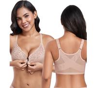 DotVol Women's Front Closure Back Support Flower Lace Unlined Full Coverage Underwire Plus Size Everyday Bra(Beige,42DD)