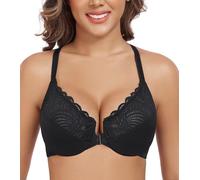 DotVol Women's Front Closure Lace T-Back Underwire Unlined Bra(Black,34DD)