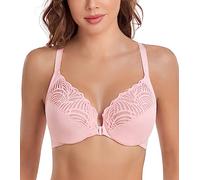 DotVol Women's Front Closure Lace T-Back Underwire Unlined Bra(Pink,34F)