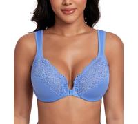 DotVol Women's Front Closure Wide Strap Underwire Bra Lace Plus Size U-Back Unlined Everyday Bra(Aqua-Blue,40F)