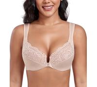 DotVol Women's Front Closure Wide Strap Underwire Bra Lace Plus Size U-Back Unlined Everyday Bra(Beige,44F)