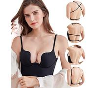 DotVol Women's Low Back Deep U Plunge Baclkless Bra Lifting Push Up Convertible Seamless Underwire Bra(Black,36A)